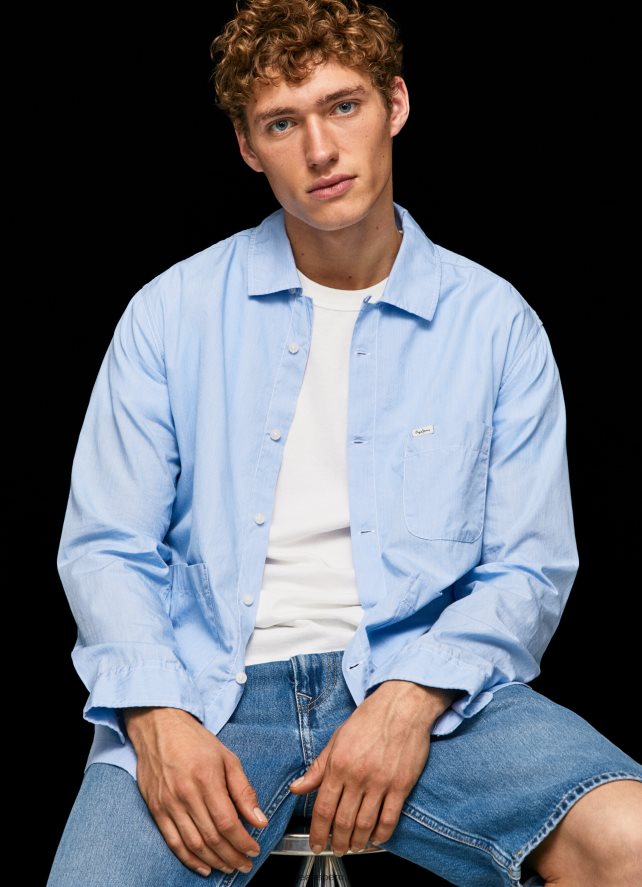 hombres camisa de corte recto lambert fil a fil Pepe Jeans 44JTZ1030 blanqueador azul - Imagen 1