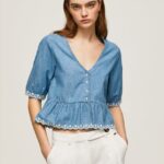 mujer blusa de mezclilla con cuello en V Pepe Jeans 44JTZ369 azul