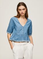 mujer blusa de mezclilla con cuello en V Pepe Jeans 44JTZ369 azul