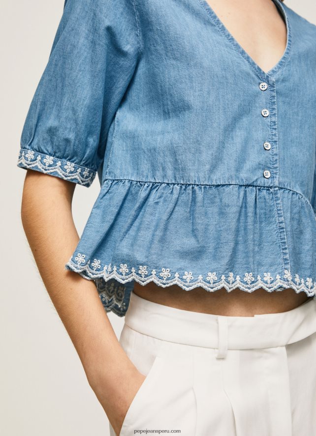 mujer blusa de mezclilla con cuello en V Pepe Jeans 44JTZ369 azul - Imagen 3