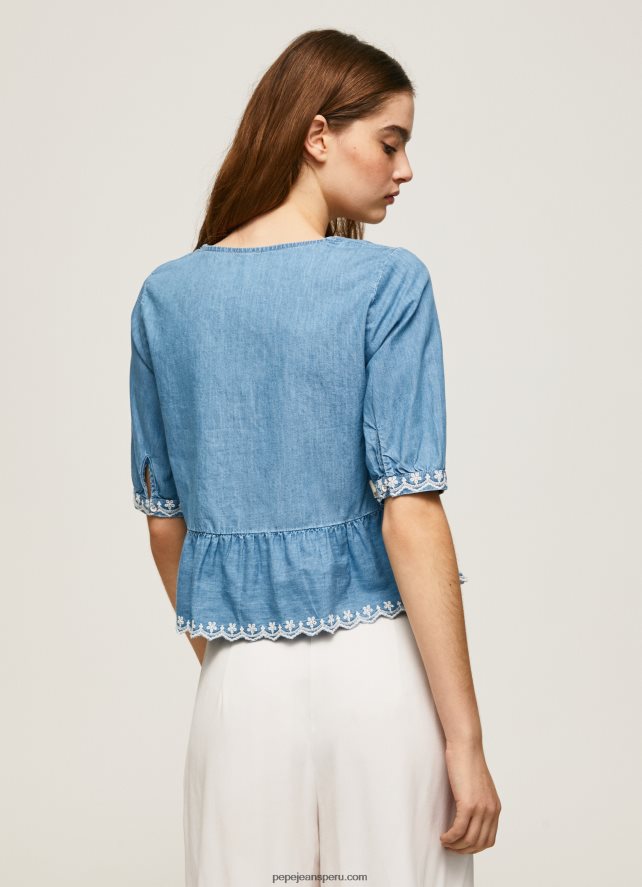 mujer blusa de mezclilla con cuello en V Pepe Jeans 44JTZ369 azul - Imagen 4