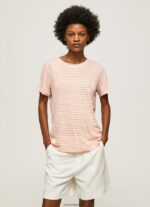 mujer camiseta con estampado de rayas Pepe Jeans 44JTZ386 durazno - Imagen 3