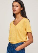 mujer camiseta de lino con cuello de pico Pepe Jeans 44JTZ453 brillar
