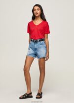 mujer camiseta de lino con cuello de pico Pepe Jeans 44JTZ465 estudio rojo - Imagen 2