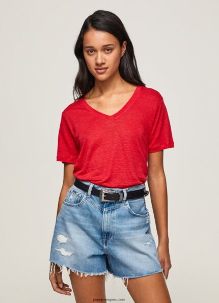 mujer camiseta de lino con cuello de pico Pepe Jeans 44JTZ465 estudio rojo