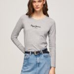 mujer camiseta de manga larga de algodón Pepe Jeans 44JTZ473 gris marga