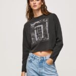 mujer camiseta estampada de manga larga Pepe Jeans 44JTZ427 negro lavado