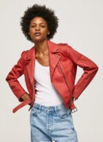 mujer chaqueta biker de piel de cordero Pepe Jeans 44JTZ105 estudio rojo - Imagen 3