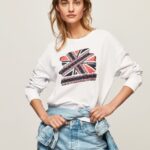 mujer suéter con estampado de bandera del Reino Unido Pepe Jeans 44JTZ266 blanco